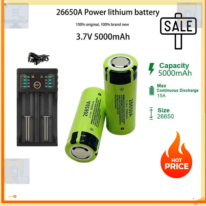 *-high-quality 26650 battery 5000mAh 3.7V 50A lithium-ion rechargeable battery, suitable for LED flashlights+chargers and DIY*.;