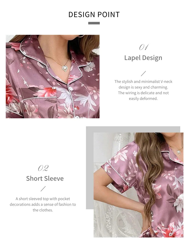 Satin Pajama for Women Flower Print Sleepwear Set Soft Comfort Home Clothes Autumn Short Sleeve Tops & Pants Pyjama Pijama Femme