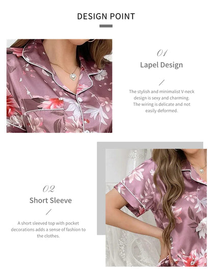 Satin Pajama for Women Flower Print Sleepwear Set Soft Comfort Home Clothes Autumn Short Sleeve Tops & Pants Pyjama Pijama Femme