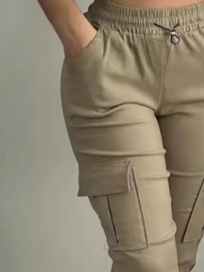 Summer Women's Slim-Fit Capri Trousers Solid Color Casual Multiple Pocket Lace-Up High Waist Tight Leggings Capri Pants