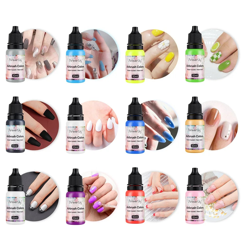 12 pièces de vernis à ongles, peinture aérographe, encre pour ongles, outil de peinture à l'aérographe pour la création de pochoirs et de motifs ajourés.