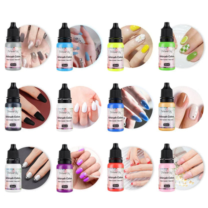 12 pièces de vernis à ongles, peinture aérographe, encre pour ongles, outil de peinture à l'aérographe pour la création de pochoirs et de motifs ajourés.