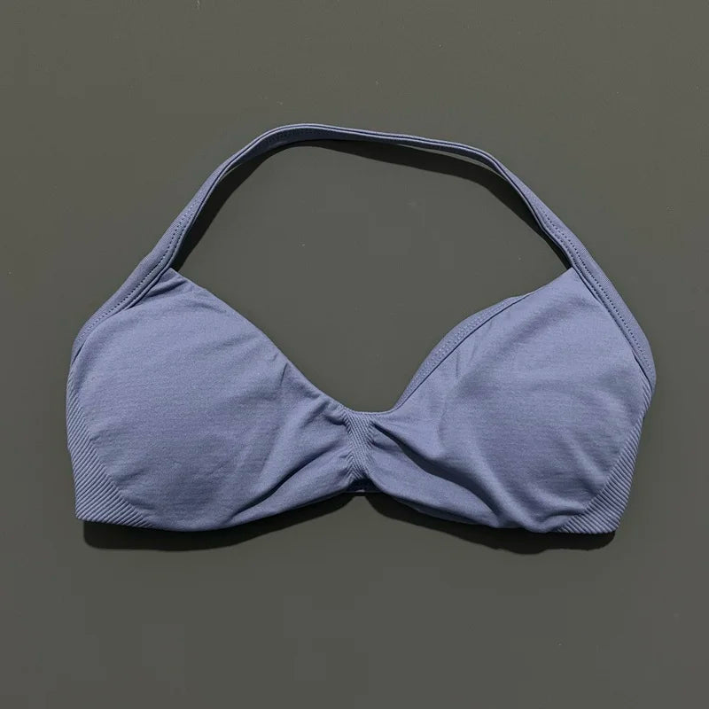 HISTELLO Strappy Bra Gym Top Women High Support Thin Strap Halter Sports Seamless Bras Scrunch Push-up Workout Yoga Tank Tops