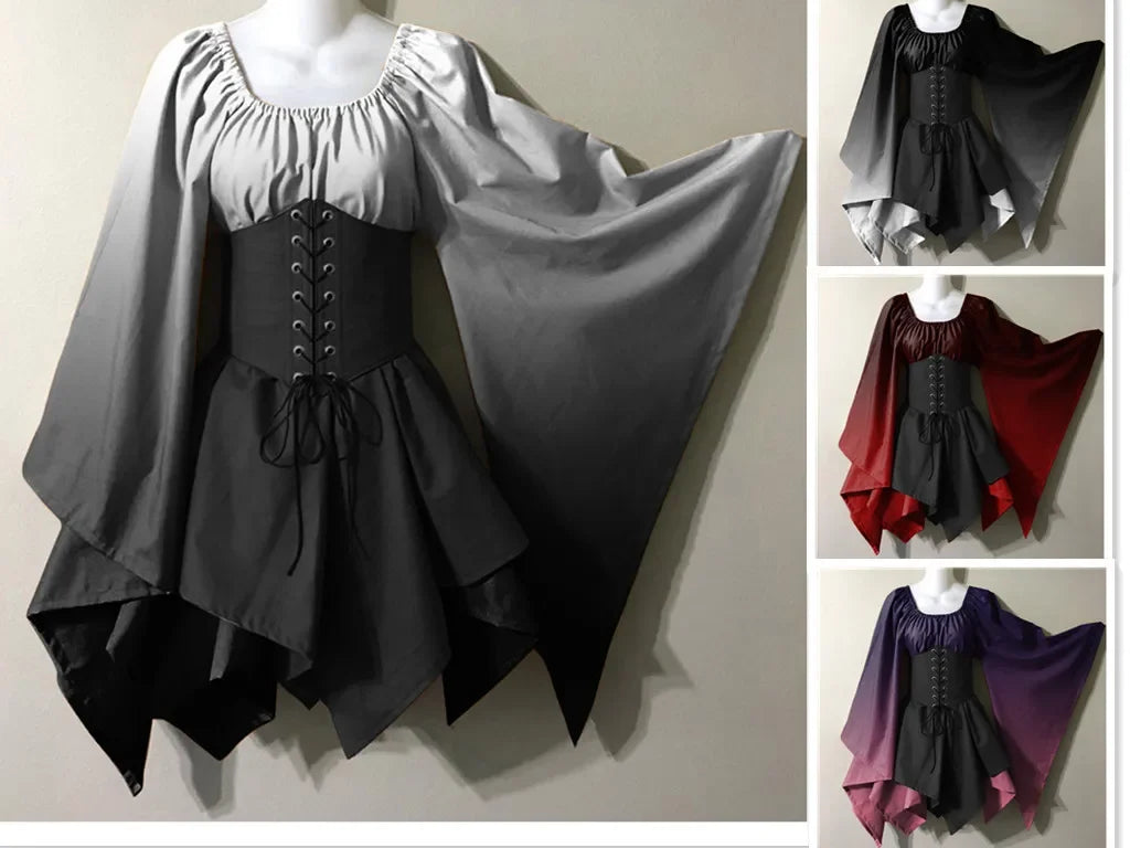 Robe de Cosplay Rétro à Imprimé Dégradé pour Femme, Tenue de Spectacle d'Halloween, Renaissance du Moyen Âge