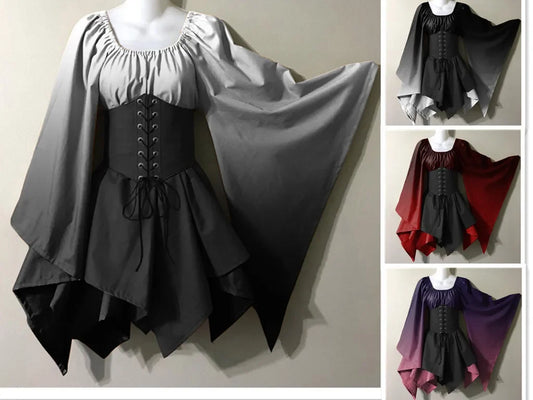 Robe de Cosplay Rétro à Imprimé Dégradé pour Femme, Tenue de Spectacle d'Halloween, Renaissance du Moyen Âge