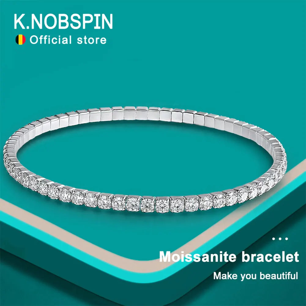 Bracelet de tennis KNOBSPIN en moissanite VVS1, 3,84-6,4 ct, diamètre 2,5 mm/3 mm, en argent sterling s925 élastique, pour femmes et hommes.
