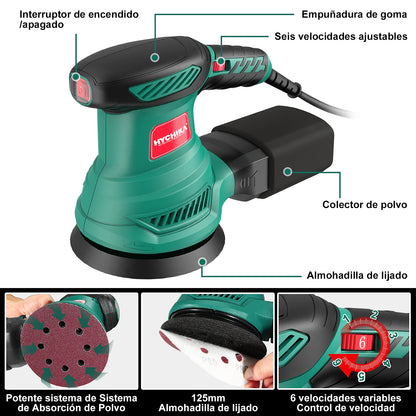 HYCHIKA 300W Random Orbital Sander with 12 Pieces Sandpaper 6 Speeds 230V Sanding Machine for Wood Metal Polishing Tools