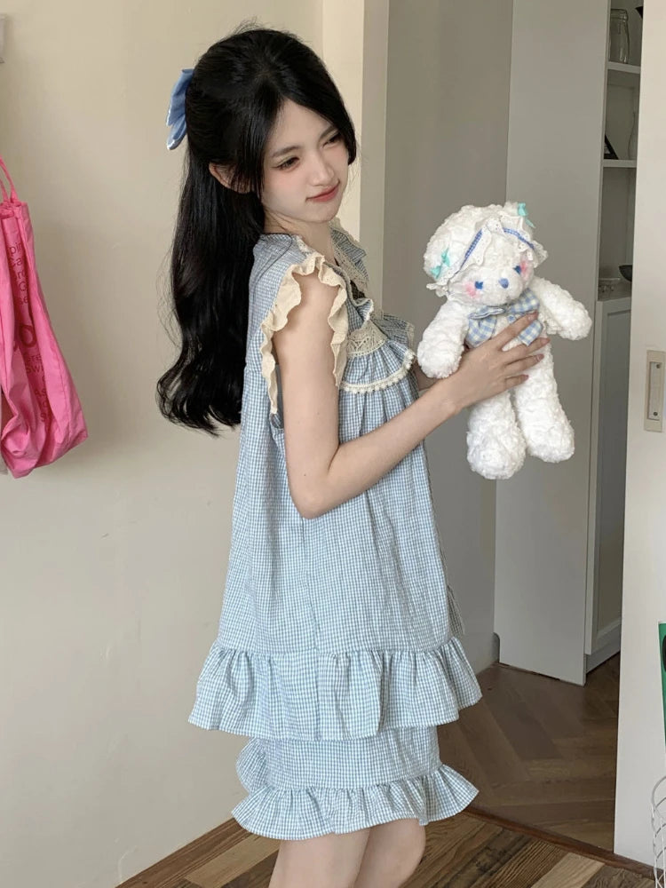 Pajama Sets Women Kawaii Tender Summer Bow Design Girlish Fashion Japanese Style Ruffles Sleepwear Home Student Casual Dormitory