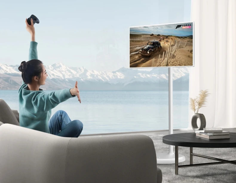 Téléviseur portable sans fil avec écran tactile 21,5 pouces, rechargeable et rotatif à 360°.