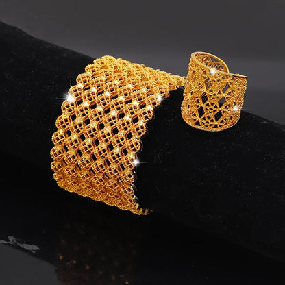 Women's Gold-Plated Hollow Metal Cuff Bangle Alloy Jewelry Set Pearl Ring for Weddings Engagements Personalities' Gift