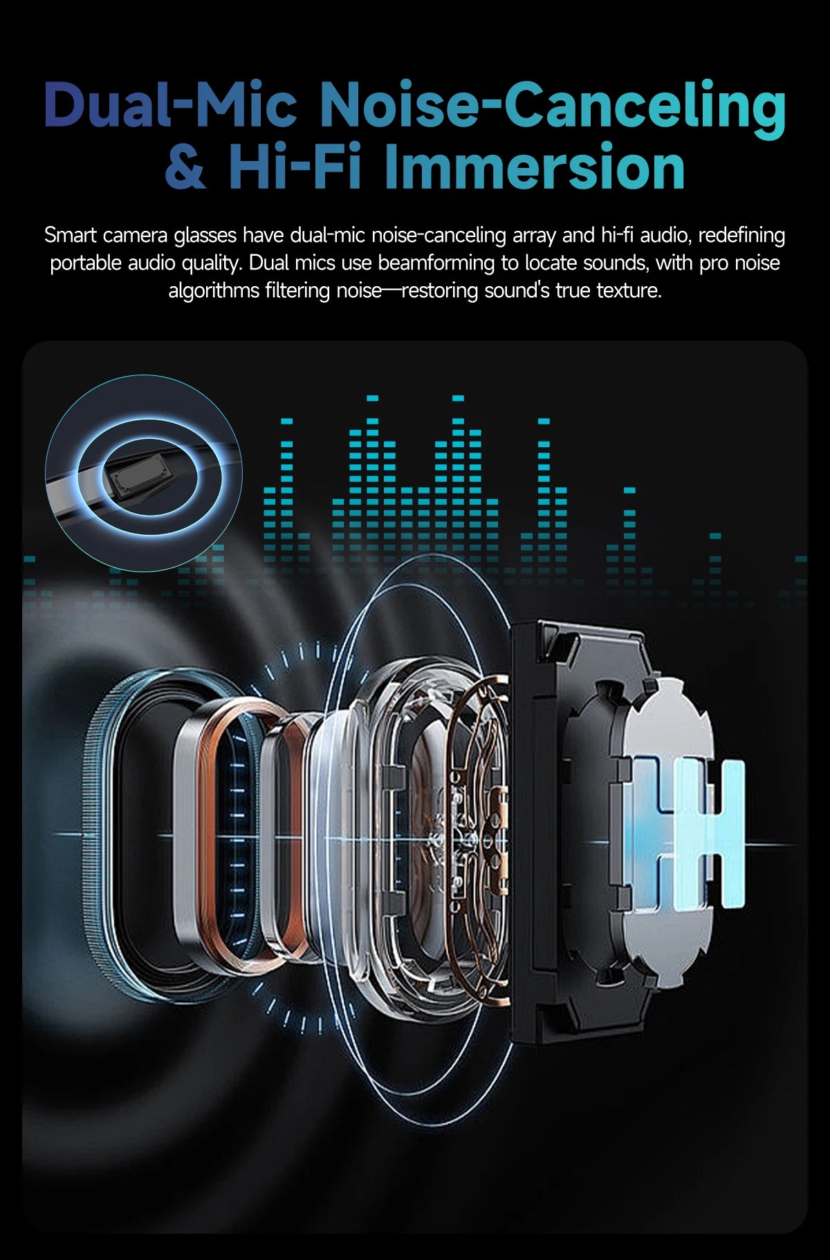 Lunettes intelligentes 8 mégapixels, enregistrement vidéo, reconnaissance photo IA, traduction des réponses, batterie 270 mAh, étanche IP65, Bluetooth