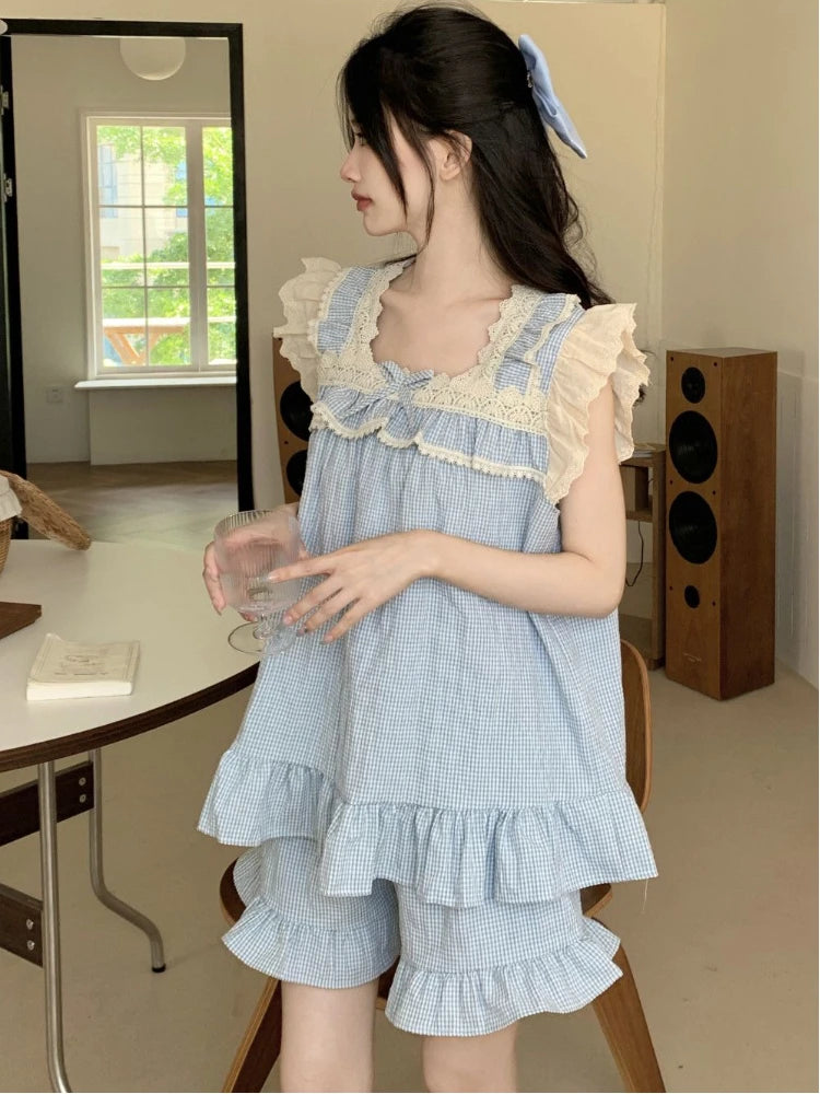 Pajama Sets Women Kawaii Tender Summer Bow Design Girlish Fashion Japanese Style Ruffles Sleepwear Home Student Casual Dormitory