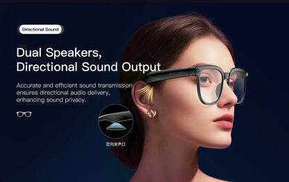Lunettes intelligentes avec traduction IA, prise de photos, reconnaissance d'objets, caméra 4K, Bluetooth, musique, appels et enregistrement intelligent.