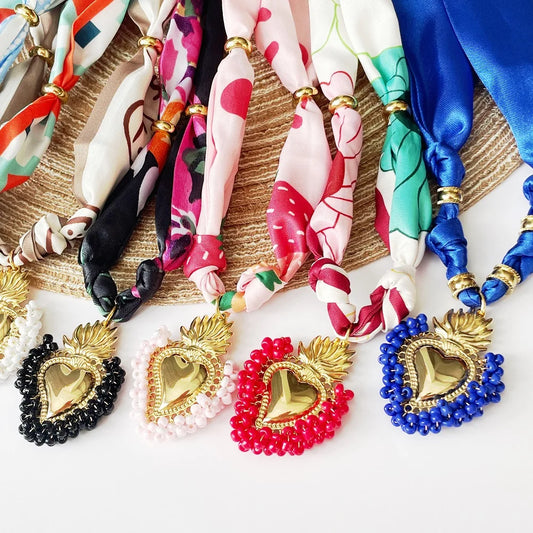 Scarf Bandana Necklace with Shiny and Colorful Resin Beaded Heart Pendant Vintage Stackable Jewelry