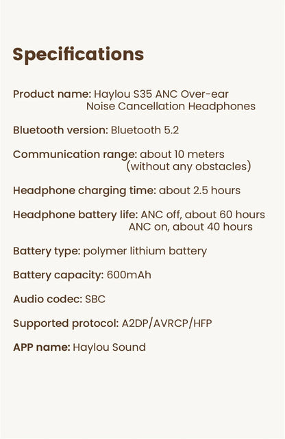 HAYLOU S35 ANC Wireless Bluetooth 5.2 Headphones 42dB Over-ear Noise Cancellation Headsets 40mm Driver 60H Playtime Earphones