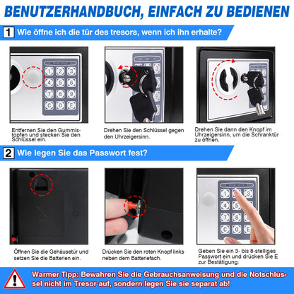 Schwarzer digitaler Safe Wertsachen Dokumentensicherheit Safe Elektronische Tastatur mit Backup-Schlüssel Wandmontage Boden
