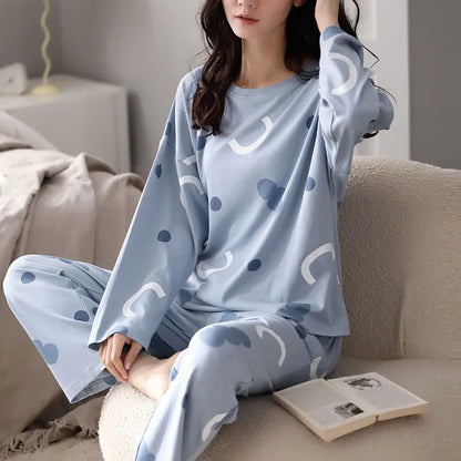 Long-Sleeved Pyjamas Women's Autumn and Winter Cotton Round Neck Fashion Soft Casual Breathable Cute Cartoon Loungewear Outside