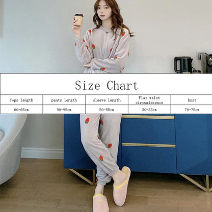 Women Pyjamas Sets 2025 Autumn Winter Warm Flannel Strawberry Coral Long Sleeve Girls Sleepwear Casual Fleece Pajamas Homewear