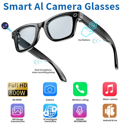 Lunettes intelligentes IA avec caméra 8 MP, enregistrement vidéo, traduction, appels Bluetooth et lecture de musique. Modèle unisexe.