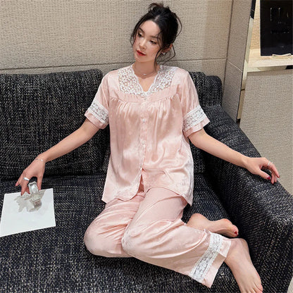 Pajamas Sets for Women Sexy Lace V-Neck Satin Patchwork Pijama Sets Sleepwear Female Ice Silk Pyjamas Home Clothing