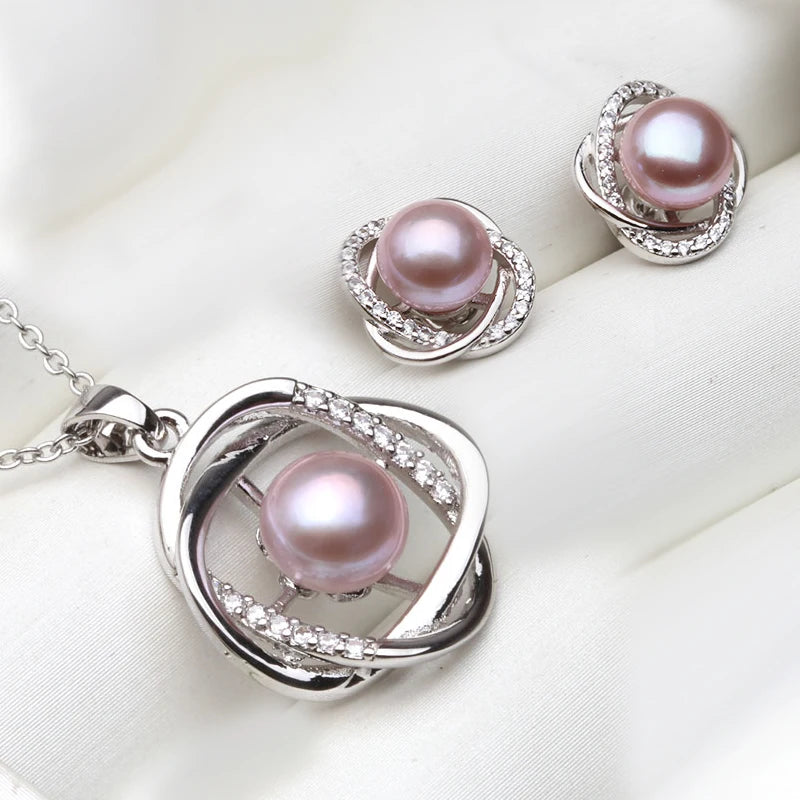Ensemble collier et boucles d'oreilles en argent sterling 925 véritable pour femme, style classique, avec pendentif en perles naturelles blanches, noires et grises, idéal comme cadeau.