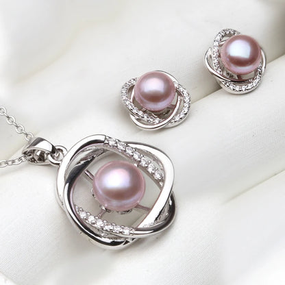 Ensemble collier et boucles d'oreilles en argent sterling 925 véritable pour femme, style classique, avec pendentif en perles naturelles blanches, noires et grises, idéal comme cadeau.