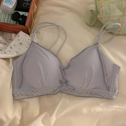 Wirefree Push Up Bra Set for Small Bust | French Ruffle Trim Silk Feel Thin Cups, Sweet Sexy Bralette | Hot MOYISU Sexy Panty AB