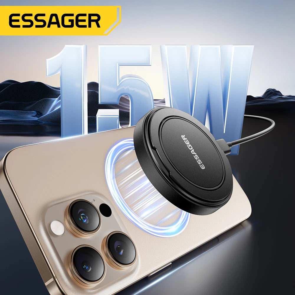 Essager Magnetic Wireless Charger With Holder 15W Fast Charging For iPhone17 16 15 14Pro Max Airpods Mini Wireless Phone Charger