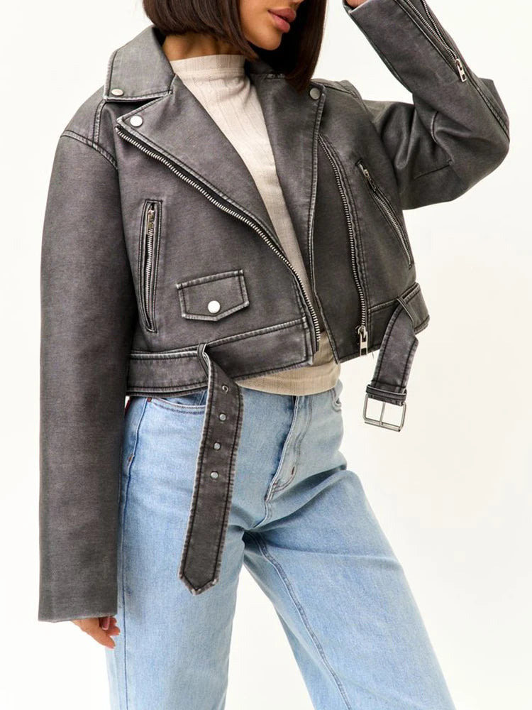 Ailegogo Women Vintage Loose Short Pu Faux Leather Jacket Spring Autumn Female Zipper Belt Coat Moto Biker Outwear