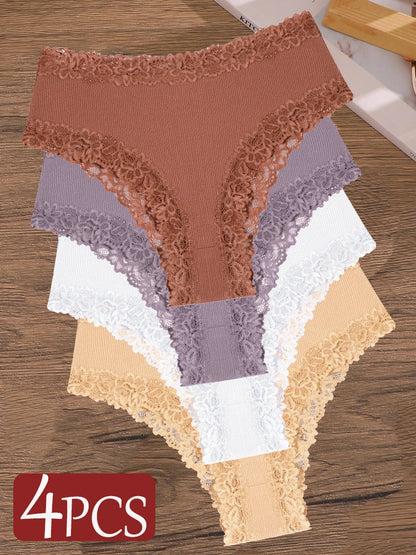 4Pcs/Set Seamless Cotton Brazilian Pants For Women Elastic High Waist Breathable Underpants Ladies Lace Panties Sexy Lingerie