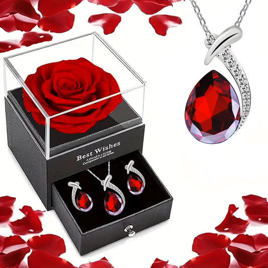 Red Rose Flower Gift Box with Heart-Shaped Lucky Stone Pendant Necklace,for Mom, Wife - Mother's Day, Valentine's Day, Birthday