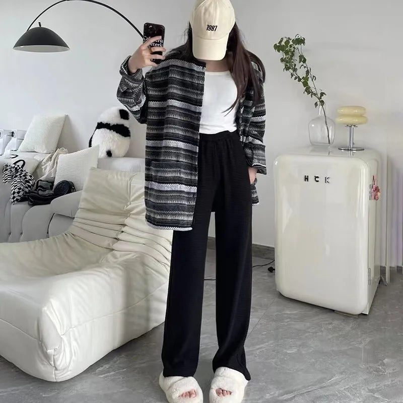 Autumn Winter Plush Pants Women  Soft Straight Tube Flared Pants High Elasticity Waist Casual Fashion Knited Woolen Pants