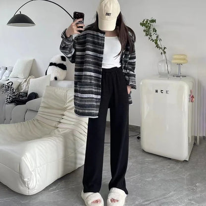 Autumn Winter Plush Pants Women  Soft Straight Tube Flared Pants High Elasticity Waist Casual Fashion Knited Woolen Pants