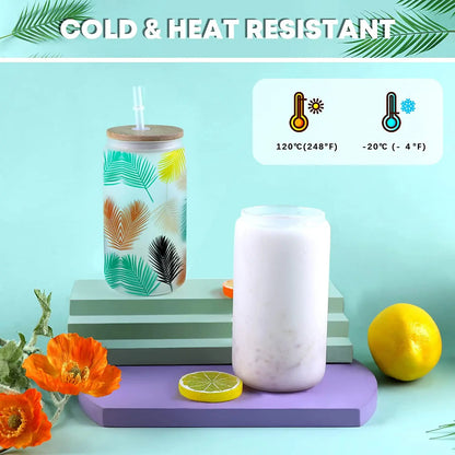 HTVRONT Lot de 8 gobelets à sublimation en verre dépoli/transparent de 473 ml (16 oz) avec couvercle en bambou - Gobelets vierges à sublimer soi-même pour café glacé