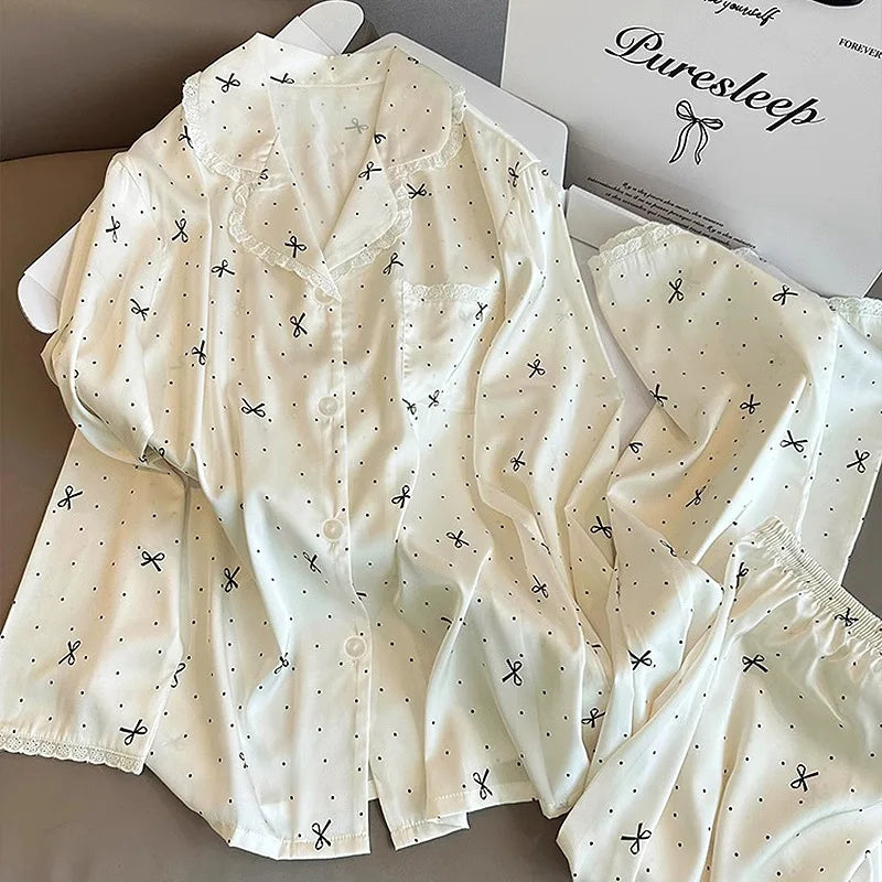 French-Inspired Chic, High-Fashion Aesthetic Instagram-Worthy Bow-Adorned Ice-Silk Lace-Trimmed Long-Sleeved Trouser Pyjamas