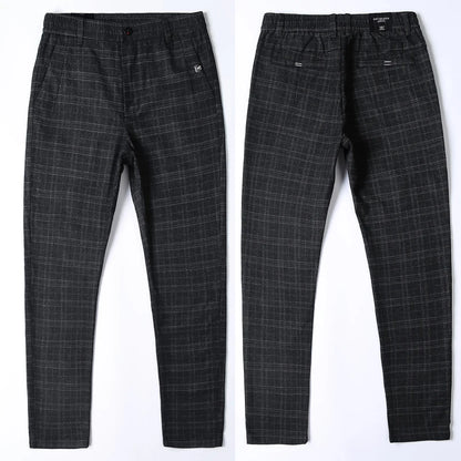 2023 New Men's Casual Plaid Pants Business Casual Slim Fit Dark Grey Classic Style Elastic Trousers Male Brand Clothes