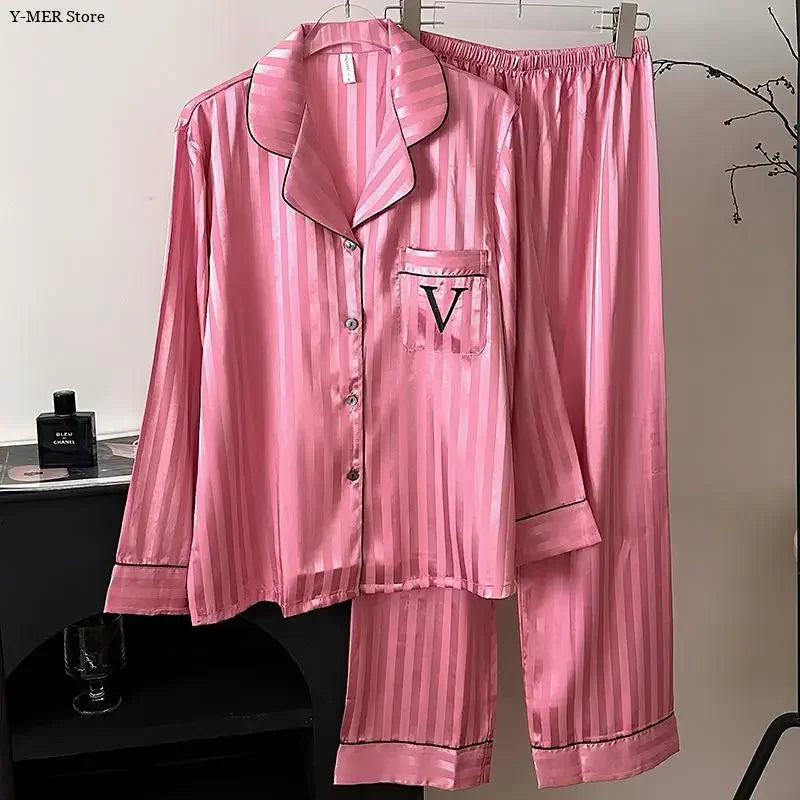 2025 Women Stripe Print Satin Pajama Ladies Pyjamas Loungewear Set Long Sleeve Buttons Lapel Tops & Pants Pijamas De Mujer