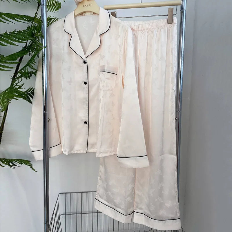 2025 Women Stripe Print Satin Pajama Ladies Pyjamas Loungewear Set Long Sleeve Buttons Lapel Tops & Pants Pijamas De Mujer