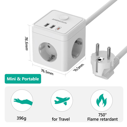 1 6-in-1 EU Power Strip Fast Charging PD20 W Surge Protector 2m Extension Cord 3 AC Outlets 2 USB A and 1 Type-C Tabletop Socket
