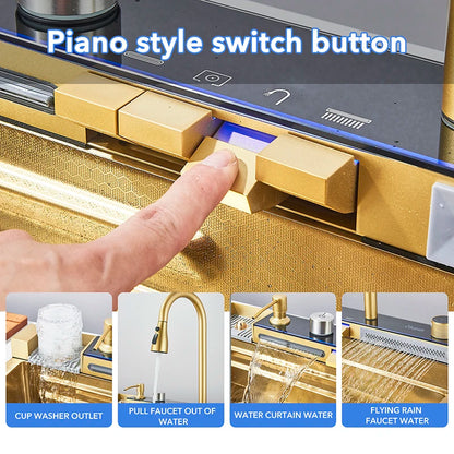 Évier double cascade doré en acier inoxydable, évier de cuisine avec grand bac à évier unique en relief, bassin de lavage pour la cuisine