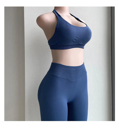 2 Pieces Yoga Gym Set Women Seamless Strappy Yoga Bra High Waist Workout Scrunch Shorts Sports Set Fitness Clothes Sportswear