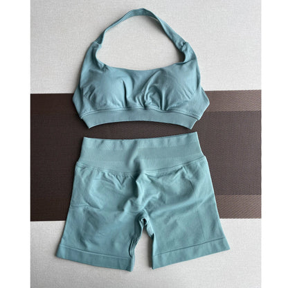 2 Pieces Yoga Gym Set Women Seamless Strappy Yoga Bra High Waist Workout Scrunch Shorts Sports Set Fitness Clothes Sportswear