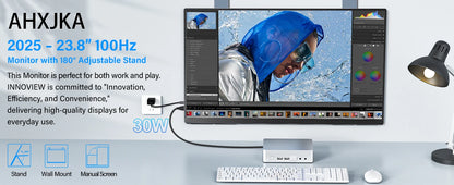 23.8inch Portable Monitor 100HZ 100% SRGB IPS USB-C HDMI Large Work Switch Home Gaming Second Monitor Adjustable Stand Laptops