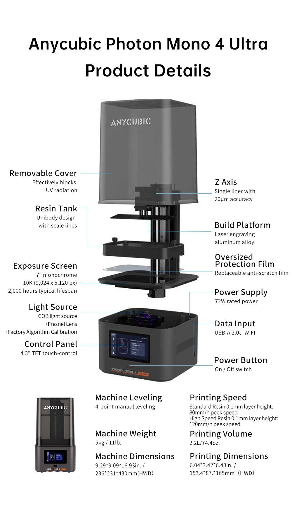 PRESALE ANYCUBIC Photon Mono 4 Ultra V2 3D Printer 10K 7'' high-definition screen UV Resin 3D Printing Size 236mmx231mmx430mm
