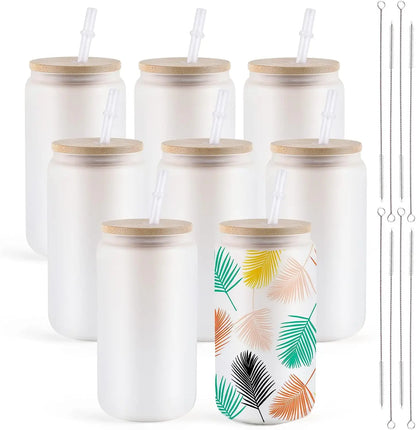 HTVRONT Lot de 8 gobelets à sublimation en verre dépoli/transparent de 473 ml (16 oz) avec couvercle en bambou - Gobelets vierges à sublimer soi-même pour café glacé