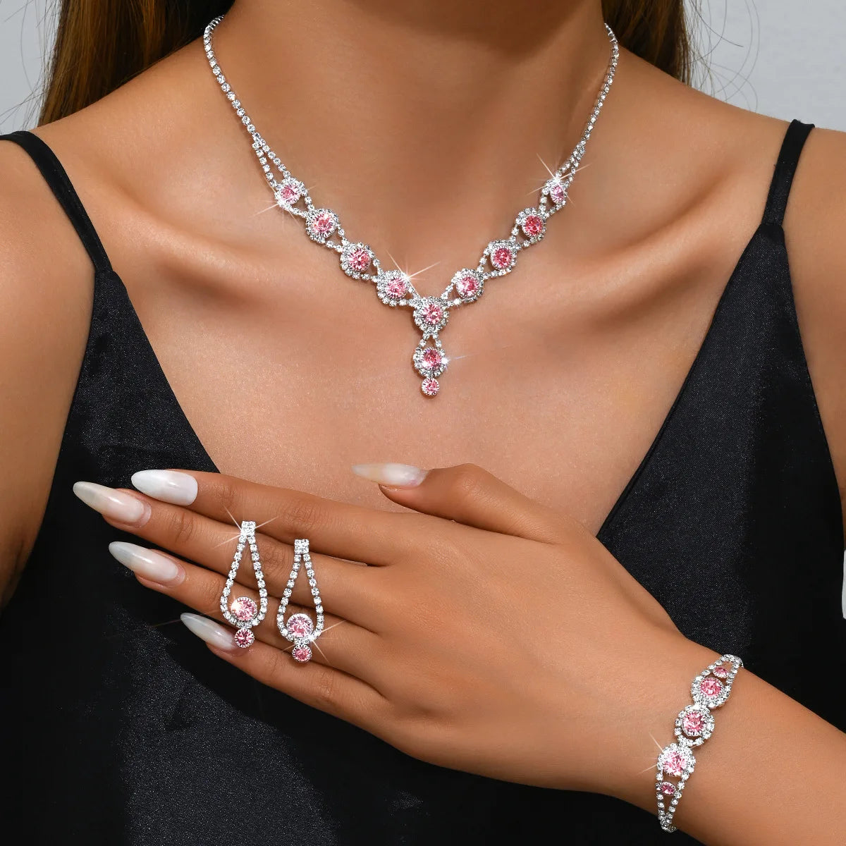 4PCS Fashion Elegant Crystal Jewelry Sets for Women Rhinestones Necklace Ring Earrings Bridal Wedding Party Jewelry Sets