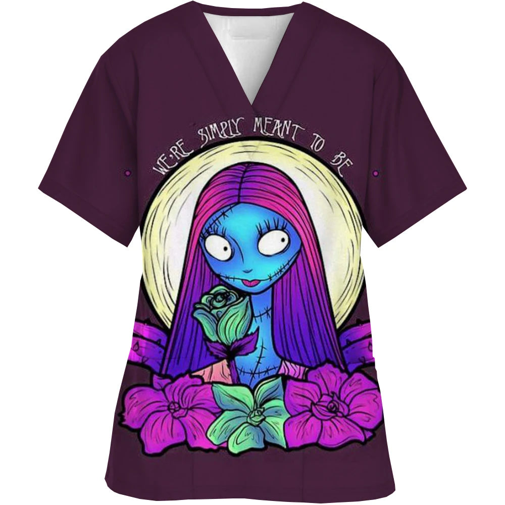 Vêtements de travail à col en V, motif cauchemar de Noël, pour Halloween, chirurgie, grande taille, infirmière, vêtements médicaux, haut mat pour femmes