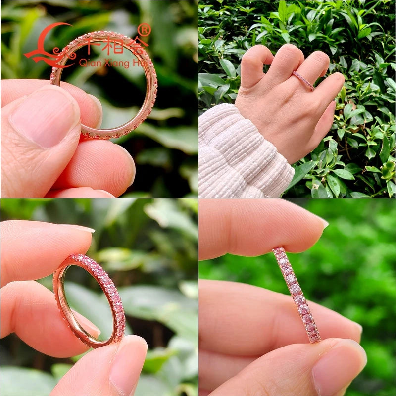 Bague d'éternité sertie d'une moissanite ronde de 2 mm, plaquée or jaune/rose, en argent S925. Bijou de fiançailles.