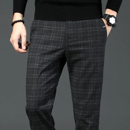 2023 New Men's Casual Plaid Pants Business Casual Slim Fit Dark Grey Classic Style Elastic Trousers Male Brand Clothes