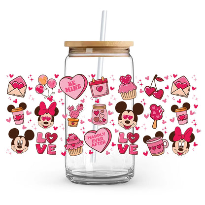 Valentine's Day cartoon Mickey Minnie Stitch Love 16oz Glass Cup UV DTF Transfer Film High-Quality Wraps Transfer Decals